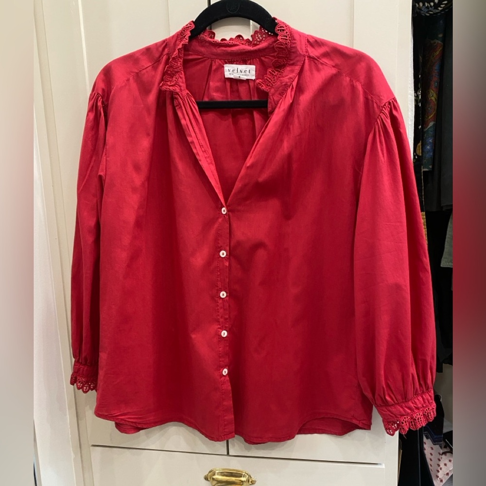 Velvet by Graham & Spencer Red Cotton Button Down Top Broderie Trim Small S